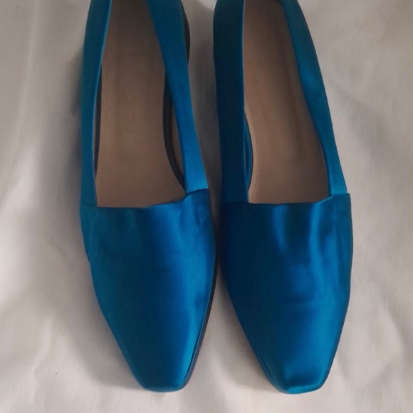 Theory Platform Satin Silk Blue Aqua Slight Wedge Made in Italy Shoes - Picture 6 of 6
